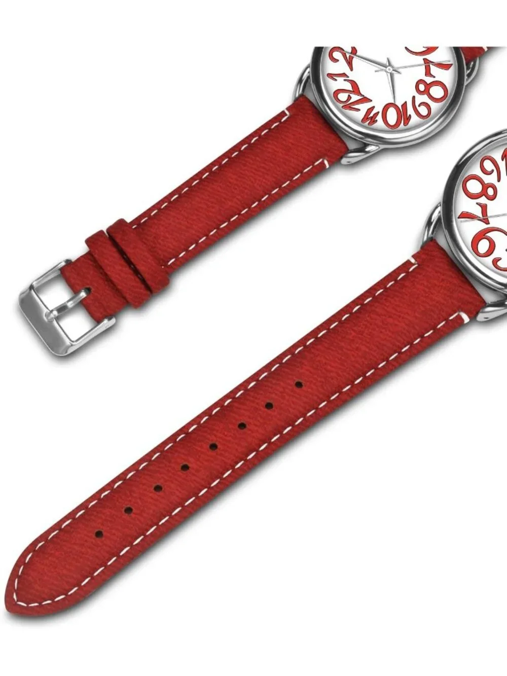 Women's Red Silver Big Arabic Number Dial Easy to Read Denim Leather Strap Watch